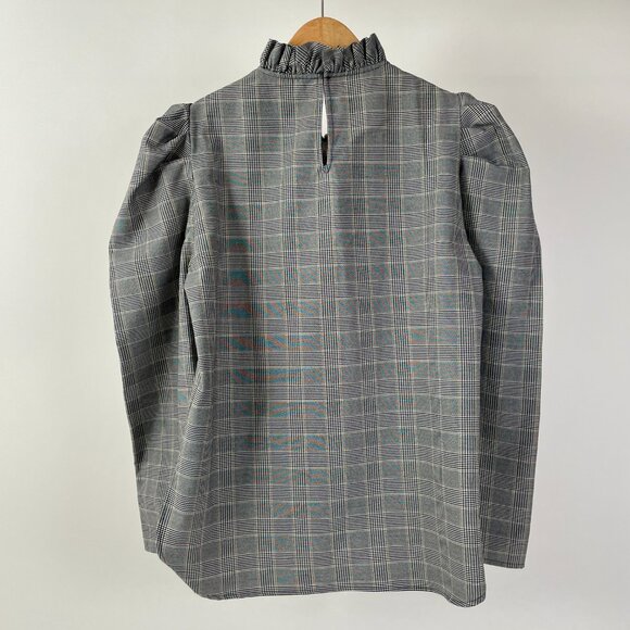 Zara Black/White Glen Check Long Sleeve Top Ruffled Collar Puff Sleeves, Size XS - Picture 5 of 8
